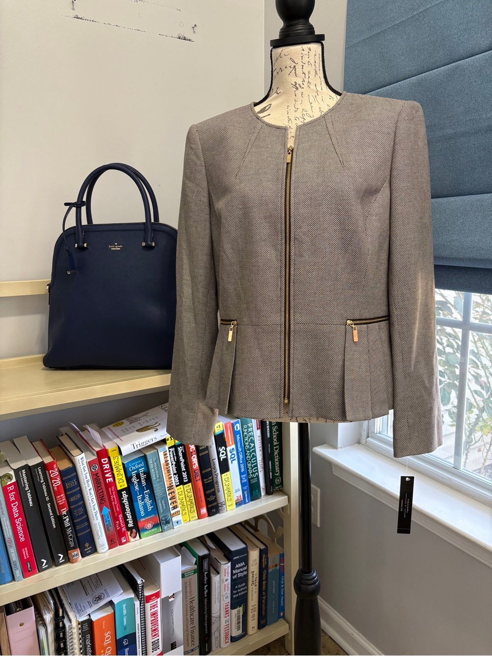 Tahari Taupe Zip-Front Collarless Blazer